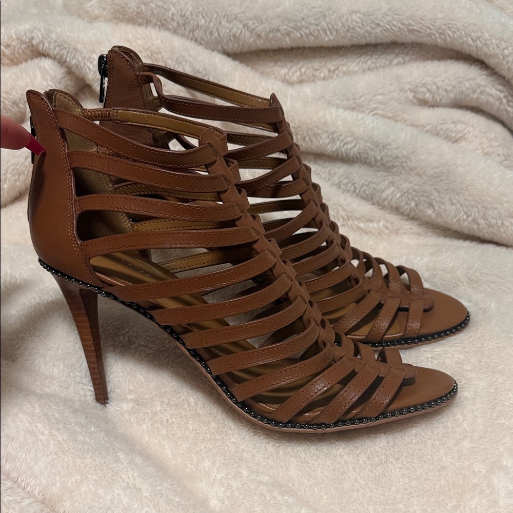 Brown Strappy Heeled Sandals COACH leather. Never worn.